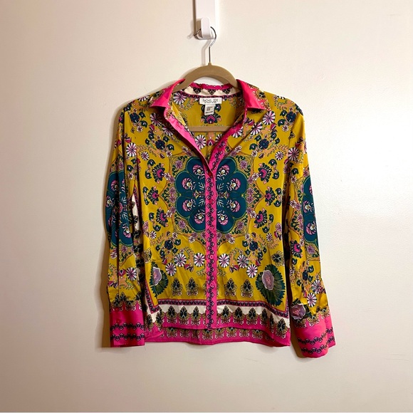 Rachel Zoe Boho Button Down Shirt Mustard Yellow & Fuchsia Collared Print Top XS - Picture 7 of 14